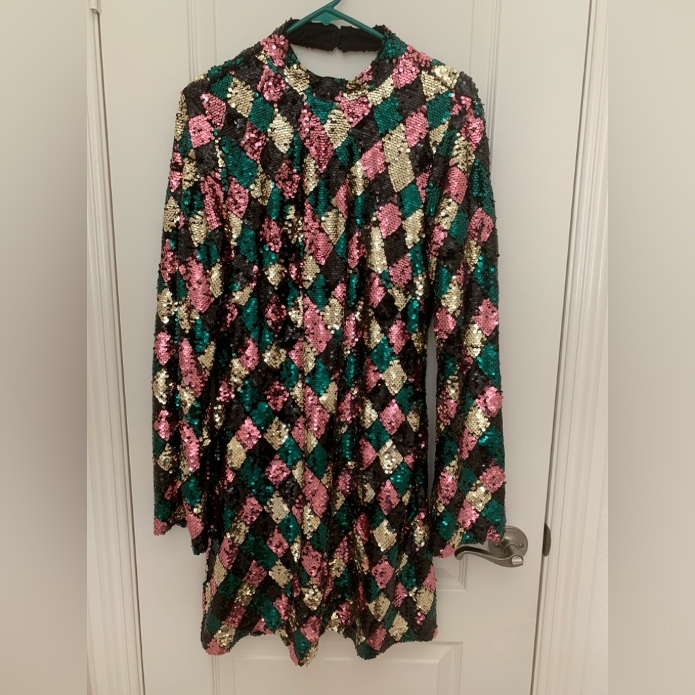 Anthropologie Maeve Sequin Harlequin Mock-Neck Open-Back Mini Dress L
